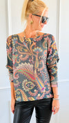 Garden Of Paisley Italian St Tropez Sweater- Dark Teal-140 Sweaters-SORPRESA-Coastal Bloom Boutique, find the trendiest versions of the popular styles and looks Located in Indialantic, FL