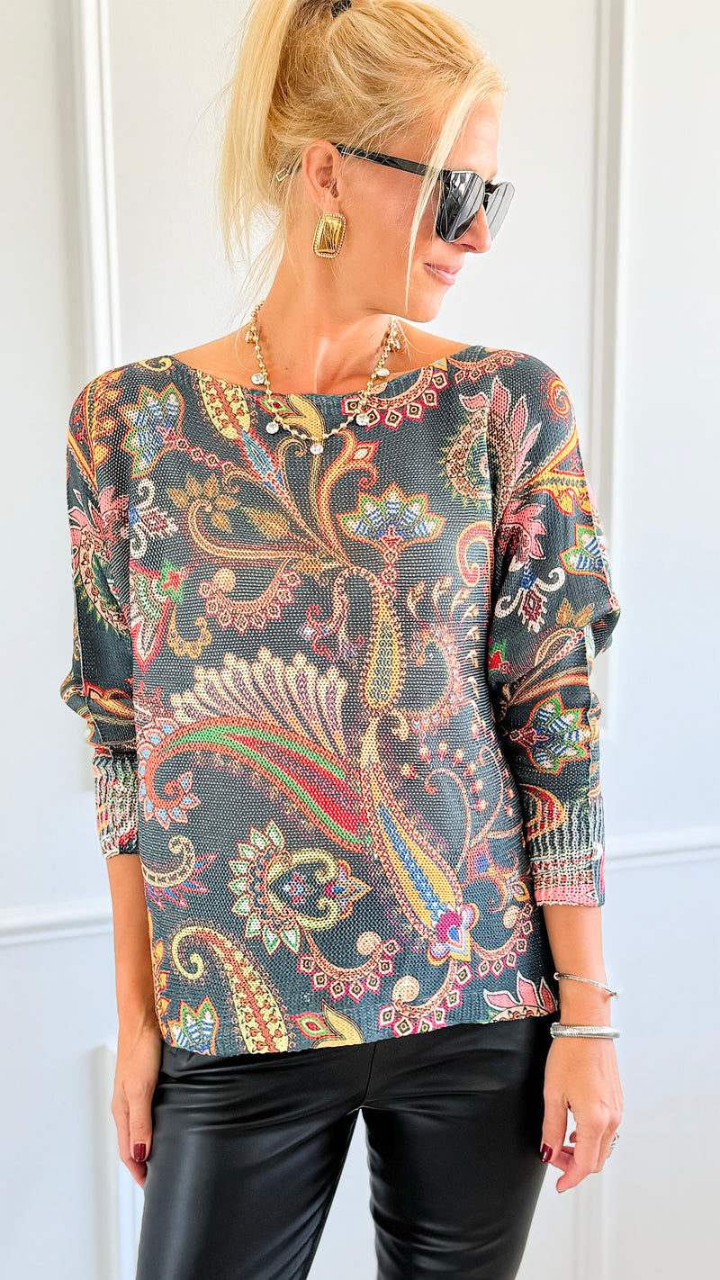 Garden Of Paisley Italian St Tropez Sweater- Dark Teal-140 Sweaters-SORPRESA-Coastal Bloom Boutique, find the trendiest versions of the popular styles and looks Located in Indialantic, FL