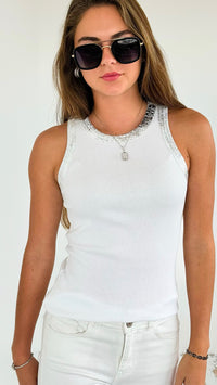 Metallic Foil Detailed Ribbed Italian Tank - Silver/White-100 Sleeveless Tops-Italianissimo-Coastal Bloom Boutique, find the trendiest versions of the popular styles and looks Located in Indialantic, FL