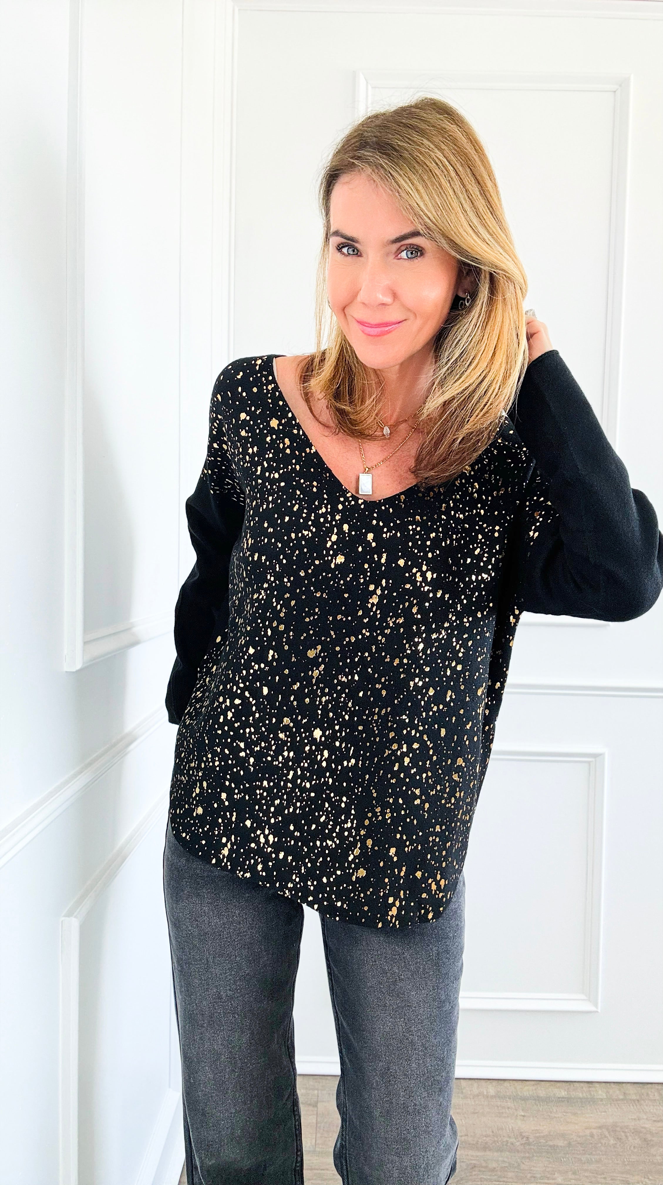 Shimmer Speckled Italian Pullover- Black-130 Long sleeve top-Italianissimo-Coastal Bloom Boutique, find the trendiest versions of the popular styles and looks Located in Indialantic, FL