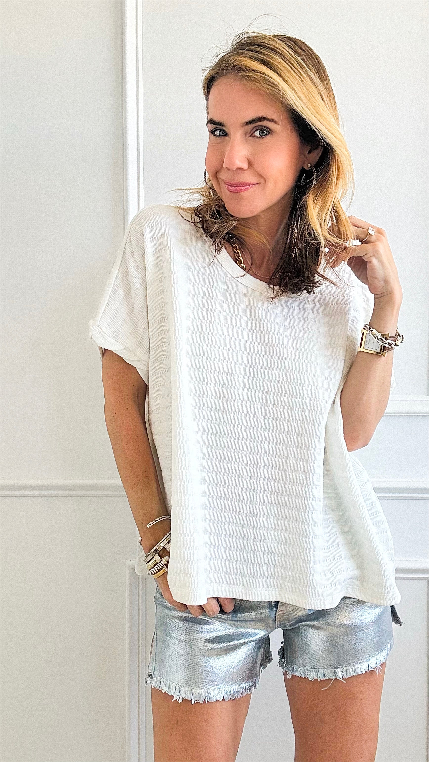 Textured Loose Fit Top - Off White-110 Short Sleeve Tops-EESOME-Coastal Bloom Boutique, find the trendiest versions of the popular styles and looks Located in Indialantic, FL