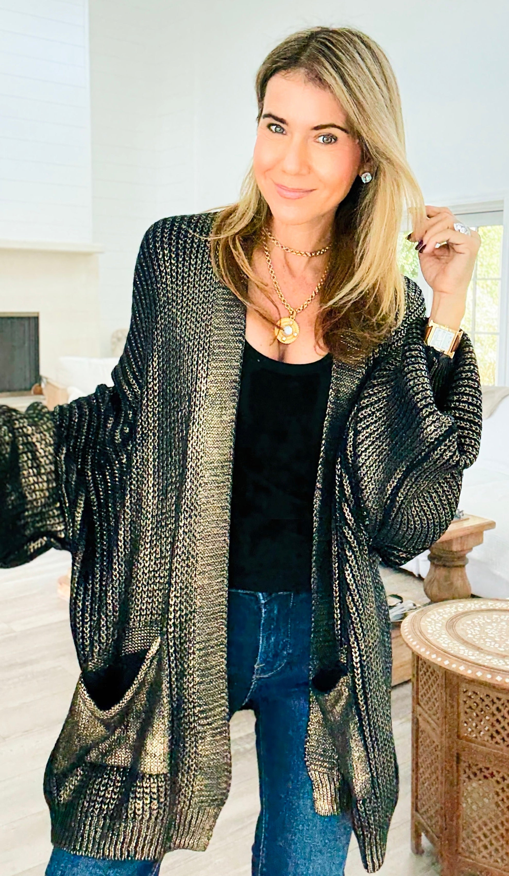 Mirrored Metallic Sugar High Italian Cardigan- Navy/Gold-150 Cardigan Layers-Italianissimo-Coastal Bloom Boutique, find the trendiest versions of the popular styles and looks Located in Indialantic, FL