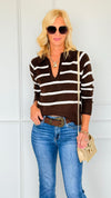 Weekend Club Striped Polo Sweater - Brown-140 Sweaters-LOVE TREE-Coastal Bloom Boutique, find the trendiest versions of the popular styles and looks Located in Indialantic, FL