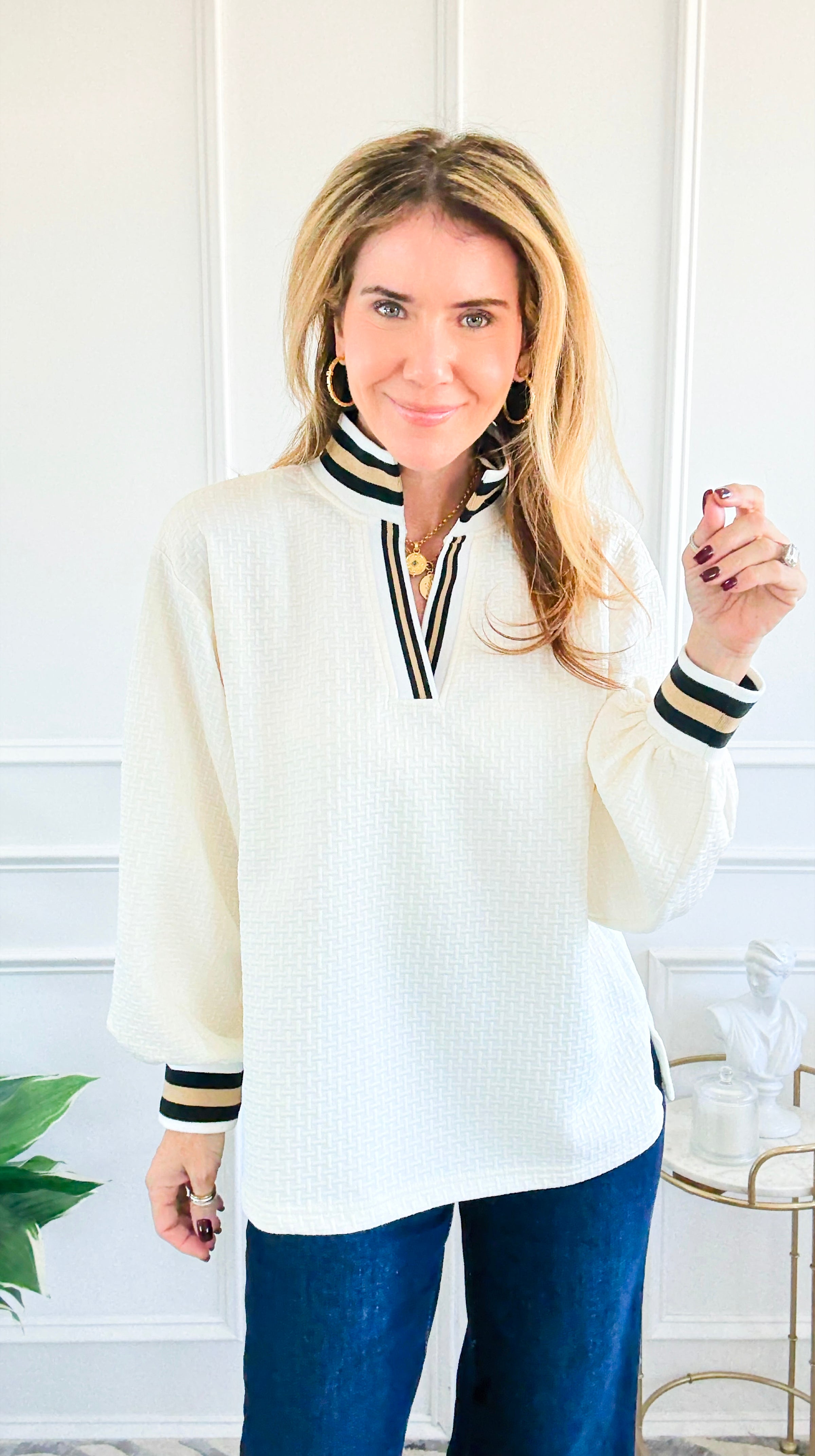 Textured Puff Sleeve Top Off White