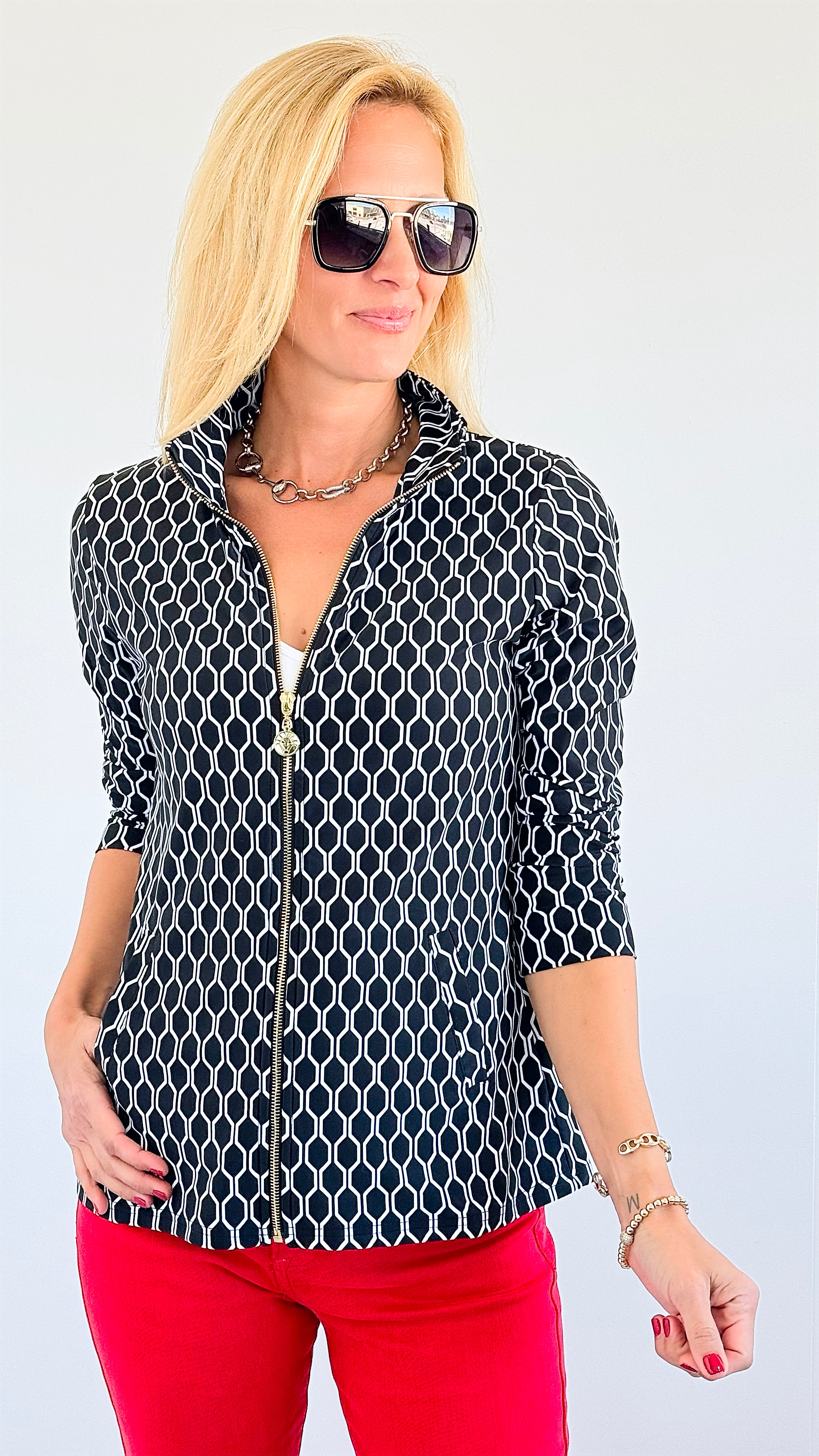 Penelope High-Neck Zip-Up Blouse - Black-160 Jackets-ARYEH-Coastal Bloom Boutique, find the trendiest versions of the popular styles and looks Located in Indialantic, FL