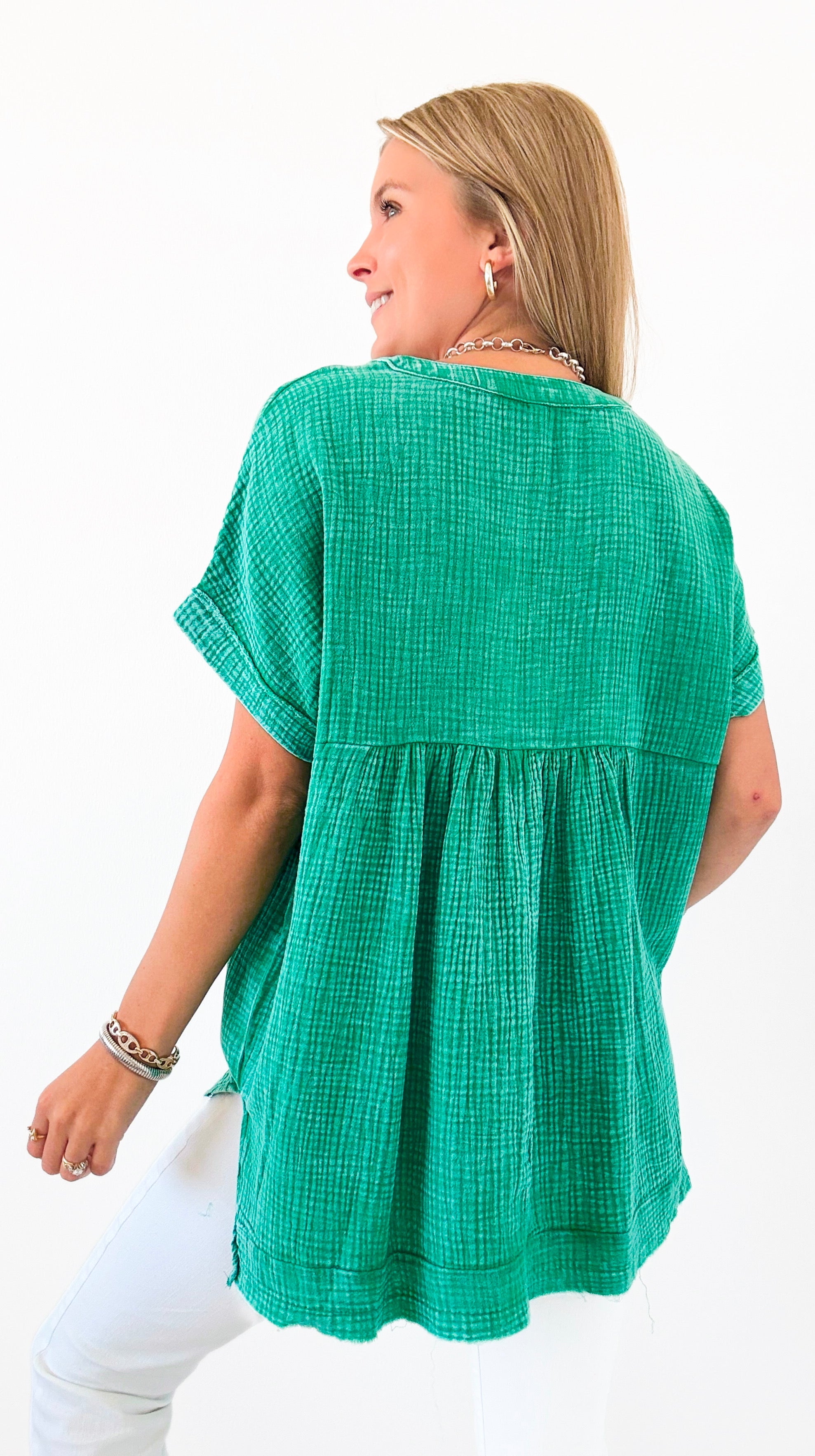 Island Breeze Textured Top - K Green-110 Short Sleeve Tops-Zenana-Coastal Bloom Boutique, find the trendiest versions of the popular styles and looks Located in Indialantic, FL