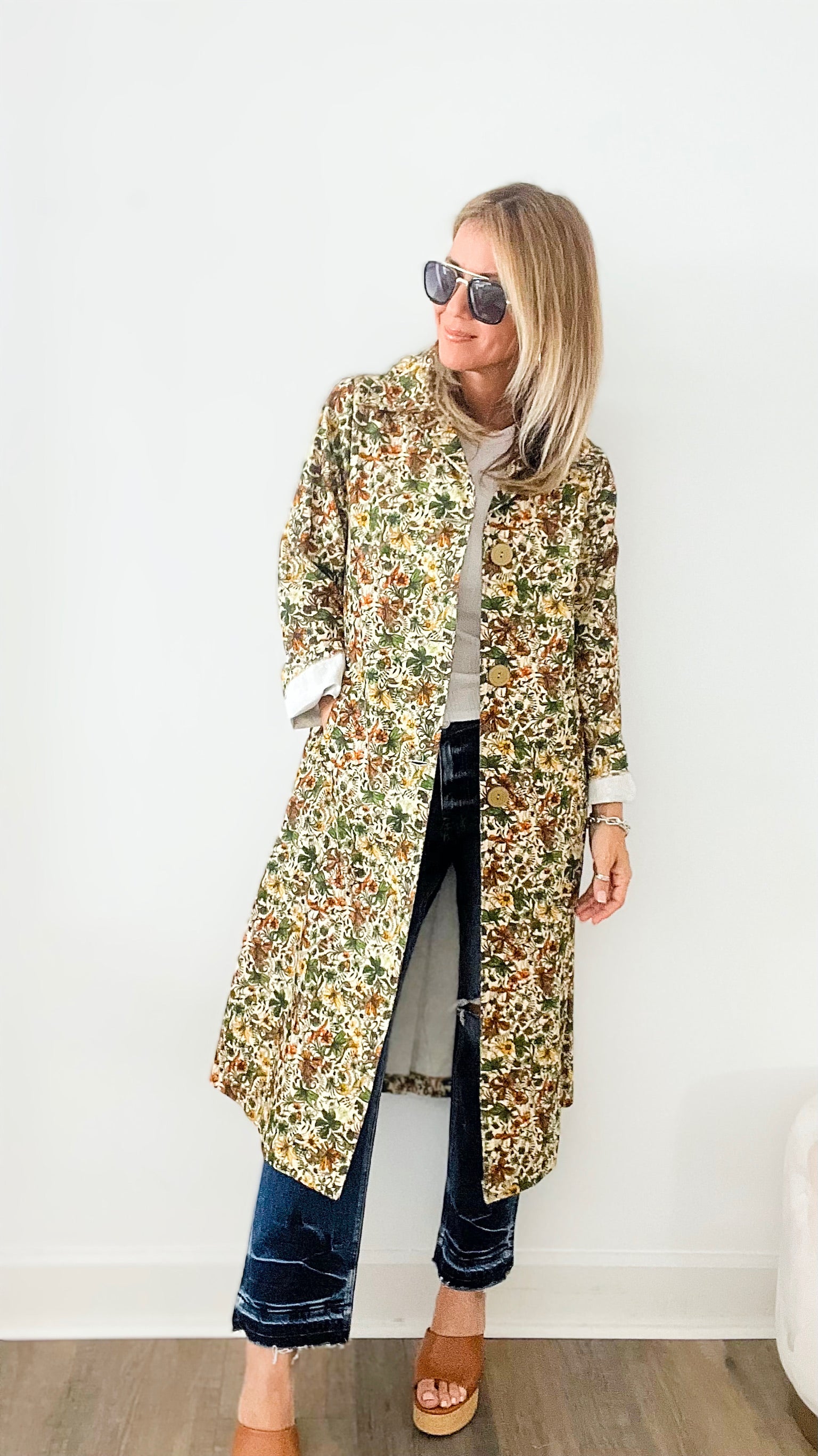 Flower Show Long Jacket-160 Jackets-TOUCHE PRIVE-Coastal Bloom Boutique, find the trendiest versions of the popular styles and looks Located in Indialantic, FL