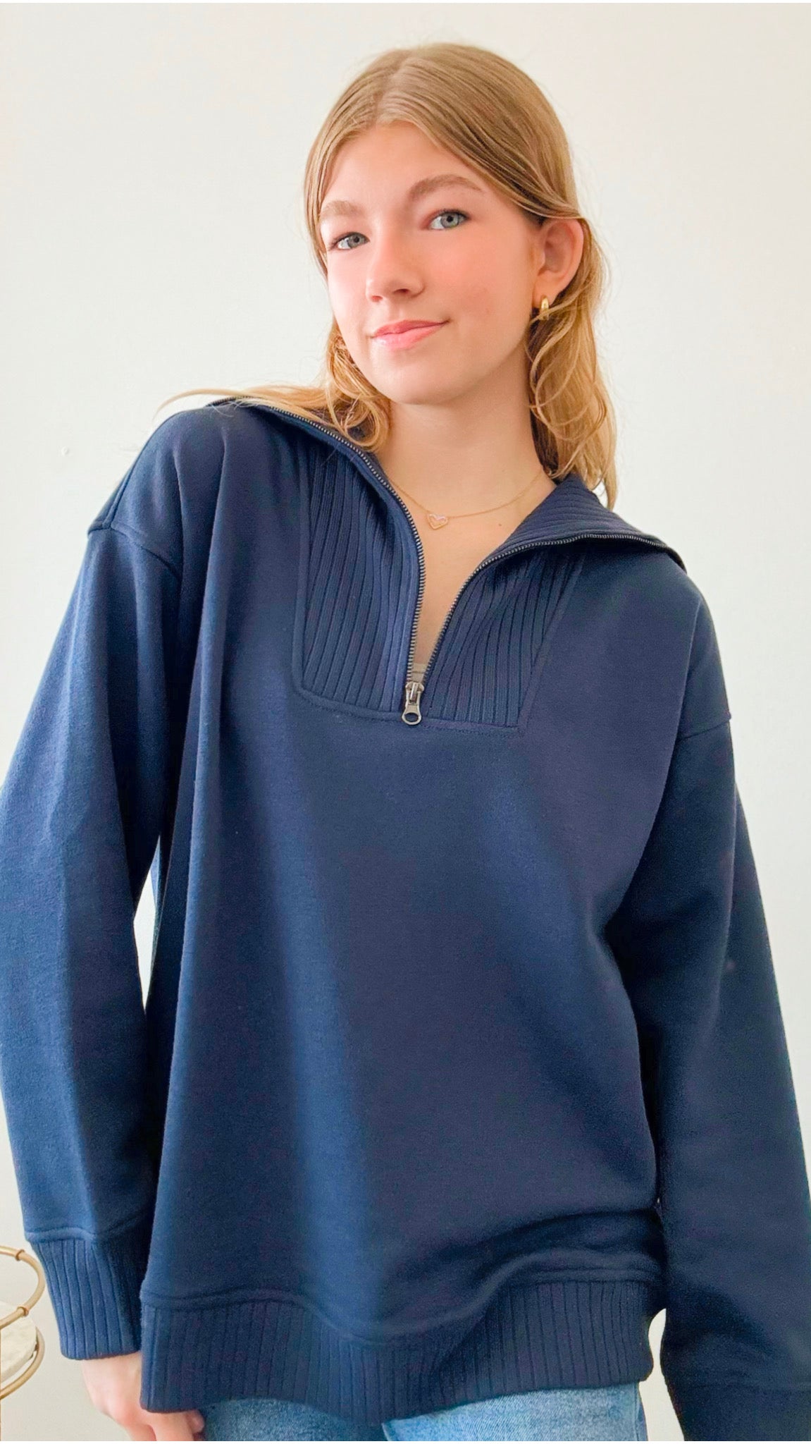 French Terry Ribbed Mock Neck Pullover - Navy-140 Sweaters-RAE MODE-Coastal Bloom Boutique, find the trendiest versions of the popular styles and looks Located in Indialantic, FL
