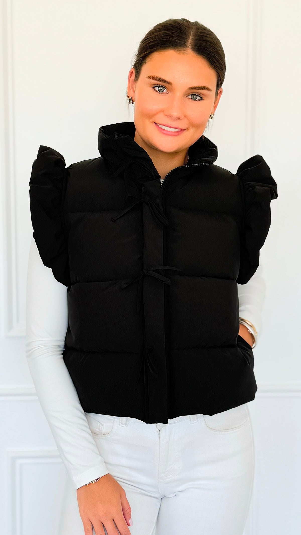Ruffle & Ready Bow Puffer Vest - Black-vest-Jodifl-Coastal Bloom Boutique, find the trendiest versions of the popular styles and looks Located in Indialantic, FL