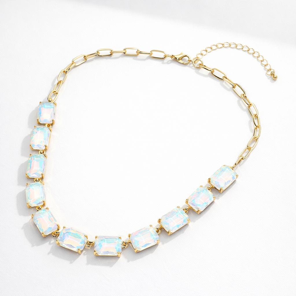 Luminous Gemstone Linked Necklace - Opal, White