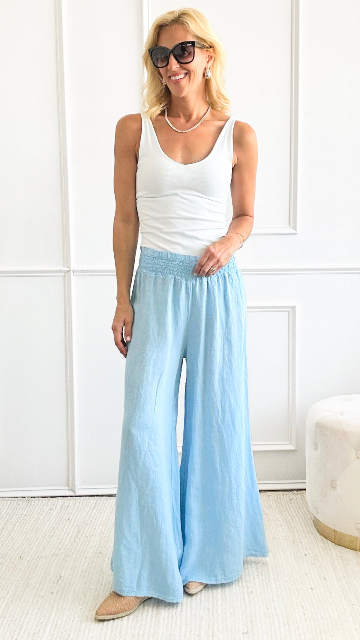 Born Free Linen Italian Palazzo - Sky Blue-170 Bottoms-Germany-Coastal Bloom Boutique, find the trendiest versions of the popular styles and looks Located in Indialantic, FL