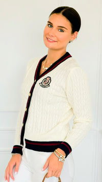 Fashion Varsity Italian Cardigan Sweater-Off White-150 Cardigans/Layers-Italianissimo-Coastal Bloom Boutique, find the trendiest versions of the popular styles and looks Located in Indialantic, FL