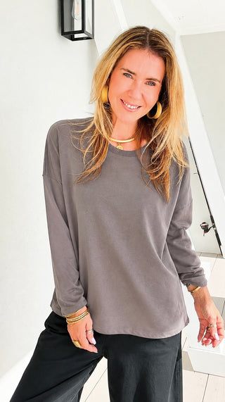Alys Italian French Terry Boatneck Top- Taupe