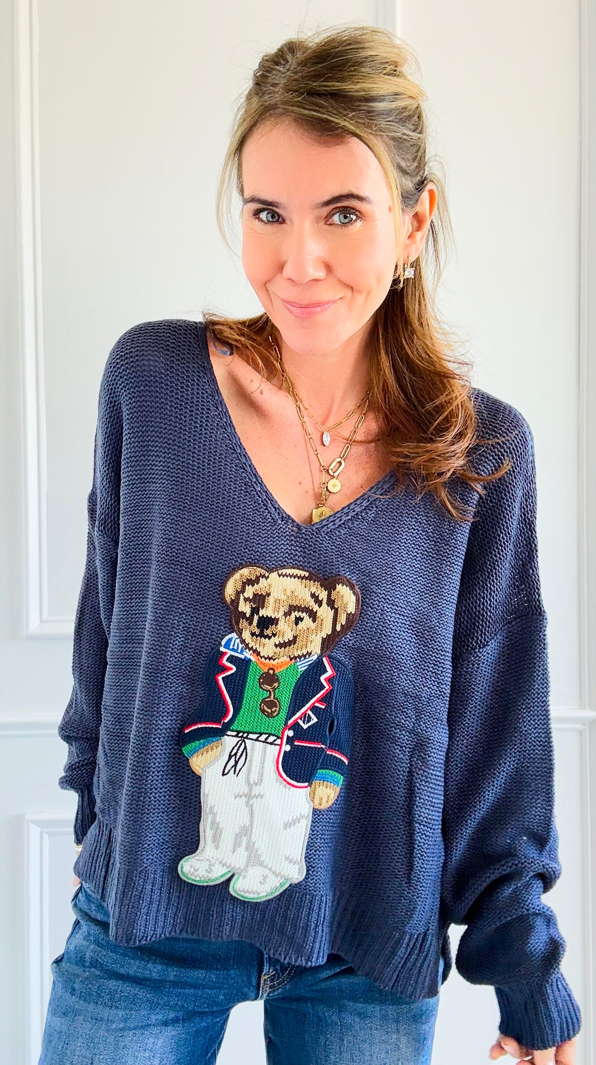 CB Custom Preppy Bear V-Neck Sweater - Navy-140 Sweaters-Miracle / Holly-Coastal Bloom Boutique, find the trendiest versions of the popular styles and looks Located in Indialantic, FL