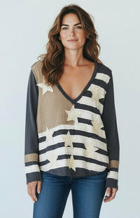 Heritage Patch V-Neck Top-110 Long Sleeve Tops-POL-Coastal Bloom Boutique, find the trendiest versions of the popular styles and looks Located in Indialantic, FL