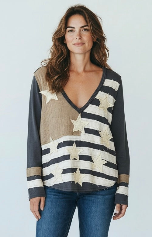 Heritage Patch V-Neck Top-110 Long Sleeve Tops-POL-Coastal Bloom Boutique, find the trendiest versions of the popular styles and looks Located in Indialantic, FL