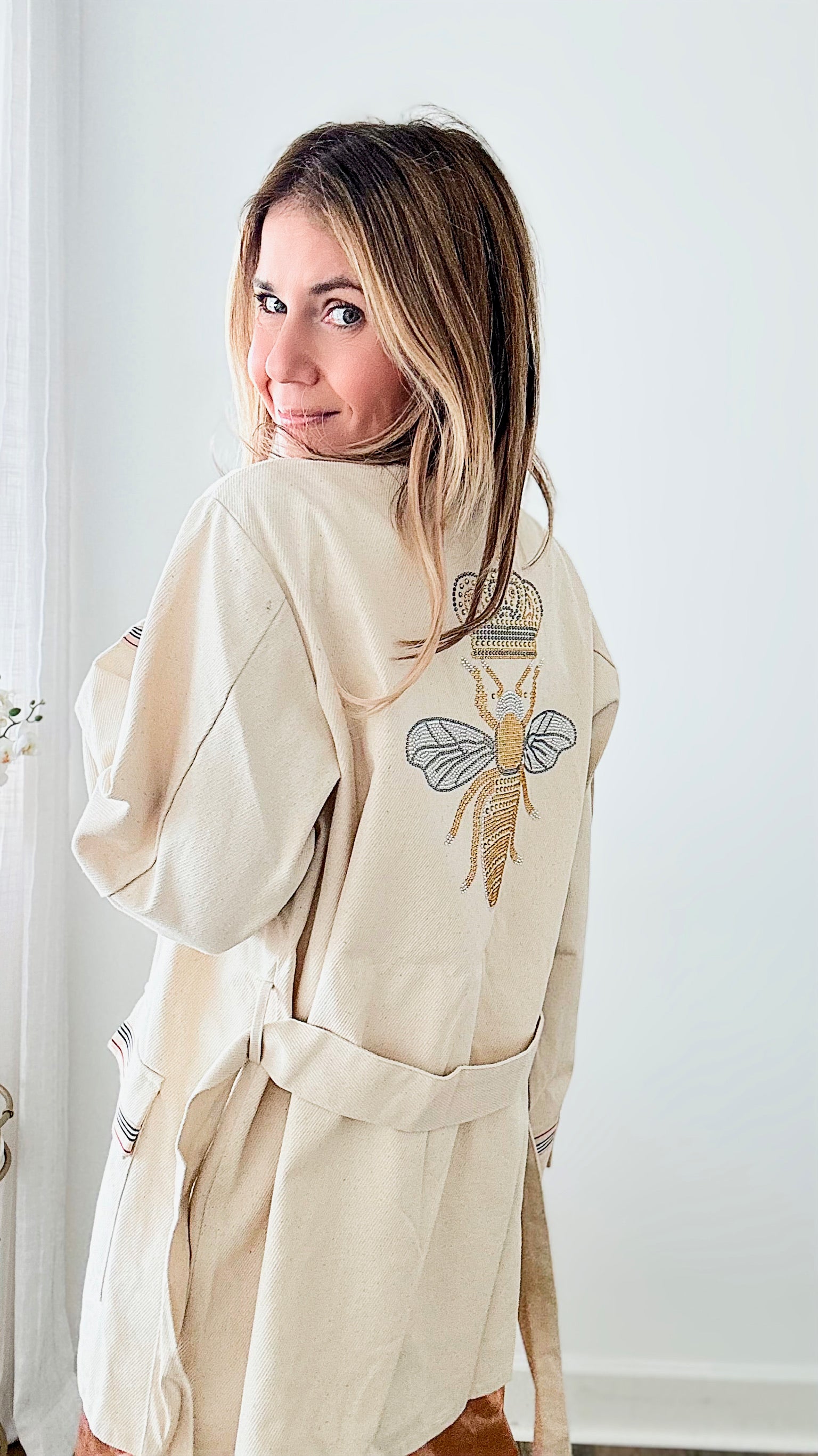 CB Custom - Bee & Ribbon Canvas Button Down Belted Jacket-160 Jackets-Holly / Rousseau-Coastal Bloom Boutique, find the trendiest versions of the popular styles and looks Located in Indialantic, FL