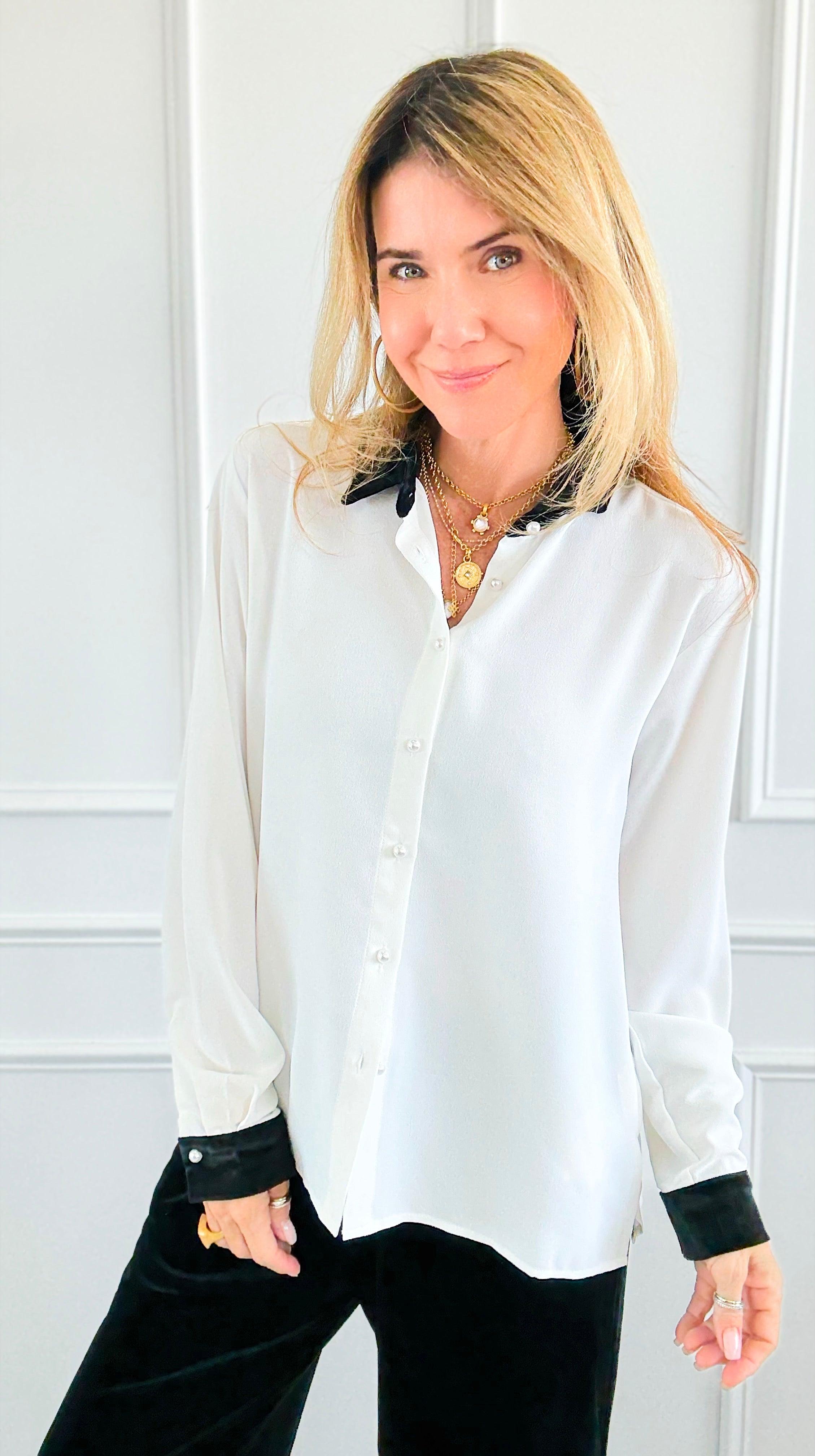 Midnight Contrast Button Down Top - Ivory Black-130 Long sleeve top-Must Have-Coastal Bloom Boutique, find the trendiest versions of the popular styles and looks Located in Indialantic, FL