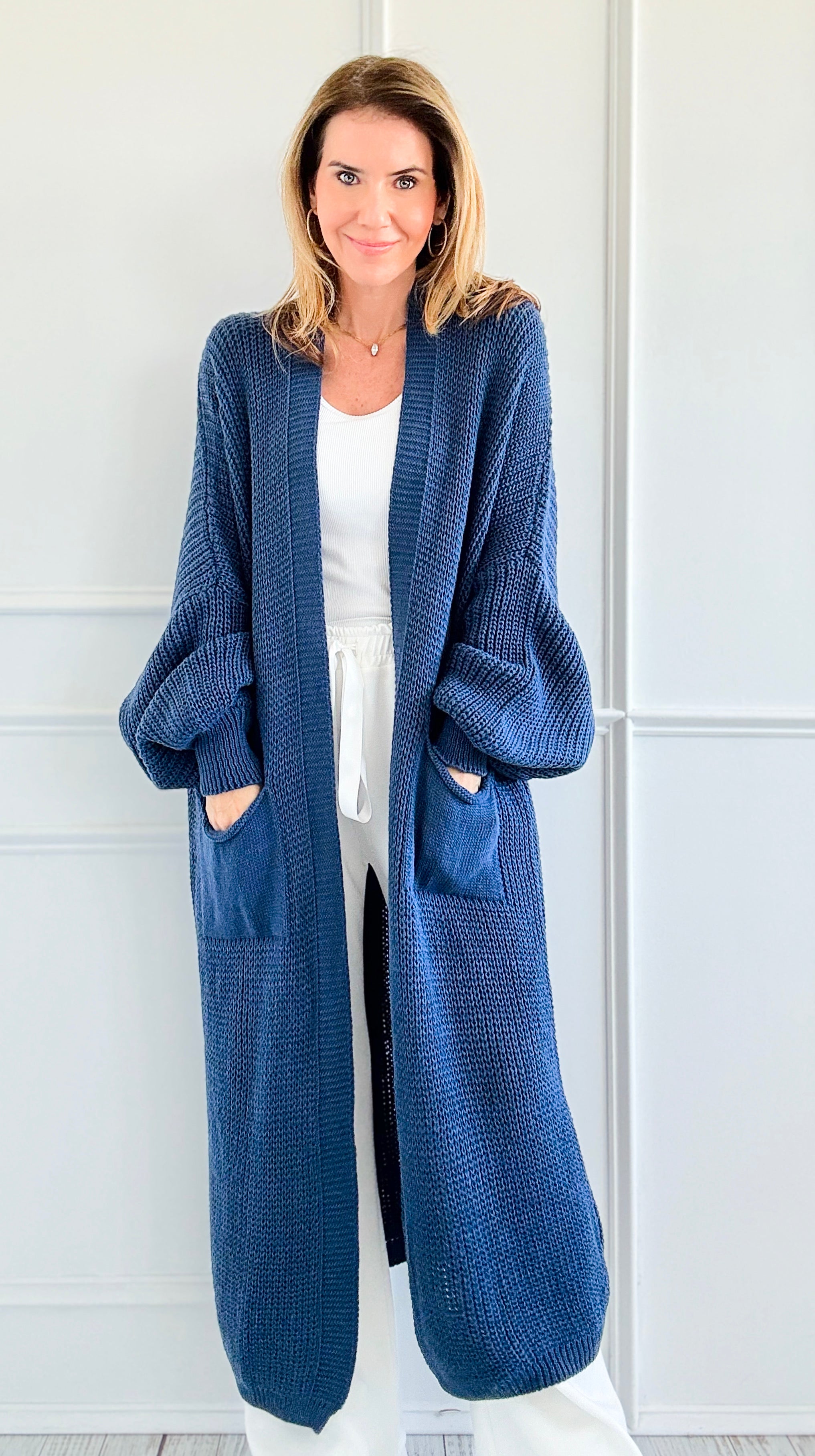 Sugar High Long Italian Cardigan- Denim Blue-150 Cardigans/Layers-Italianissimo-Coastal Bloom Boutique, find the trendiest versions of the popular styles and looks Located in Indialantic, FL