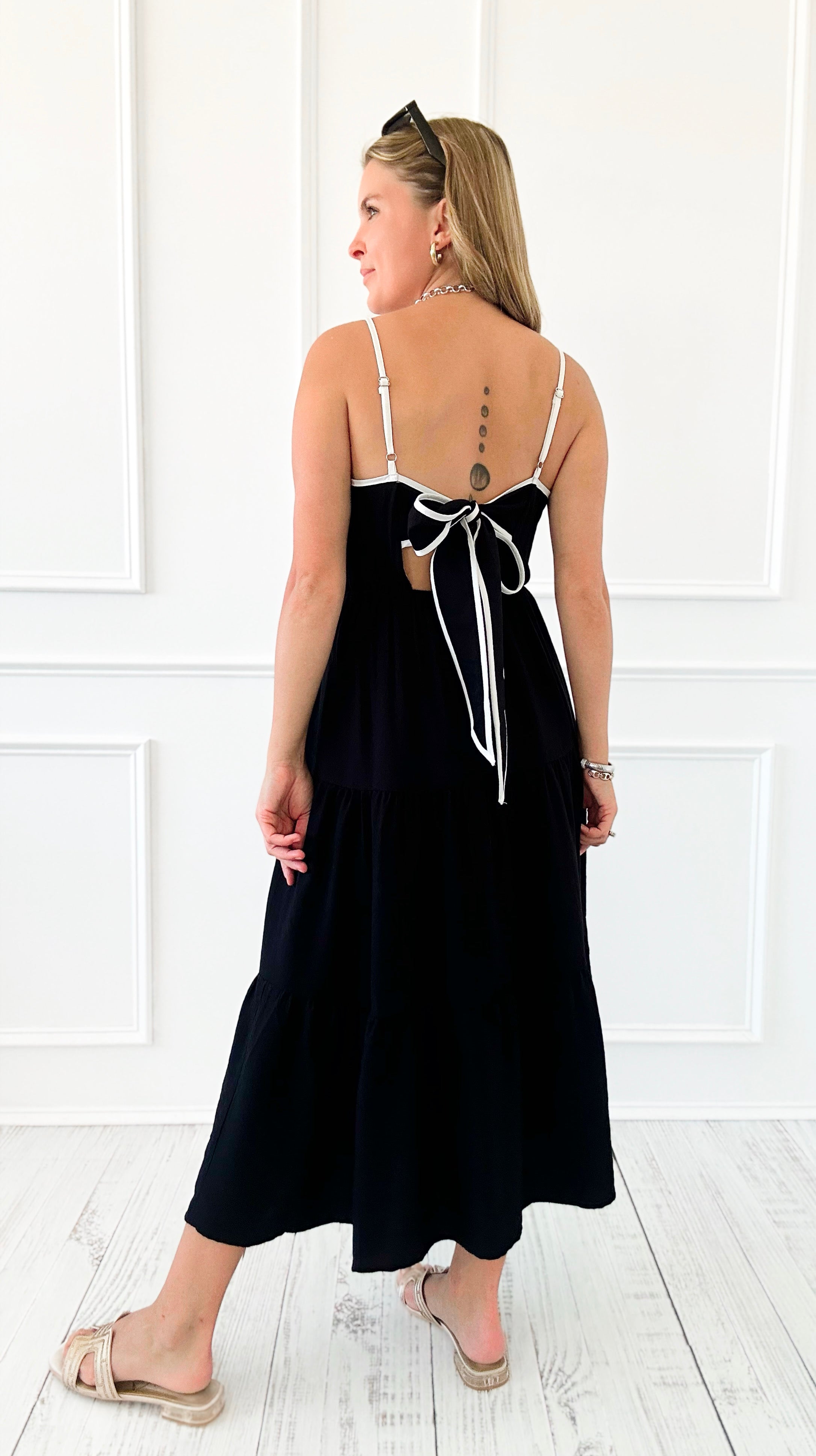 Back Tie Tiered Midi Dress-Black-200 Dresses/Jumpsuits/Rompers-Blu Pepper-Coastal Bloom Boutique, find the trendiest versions of the popular styles and looks Located in Indialantic, FL
