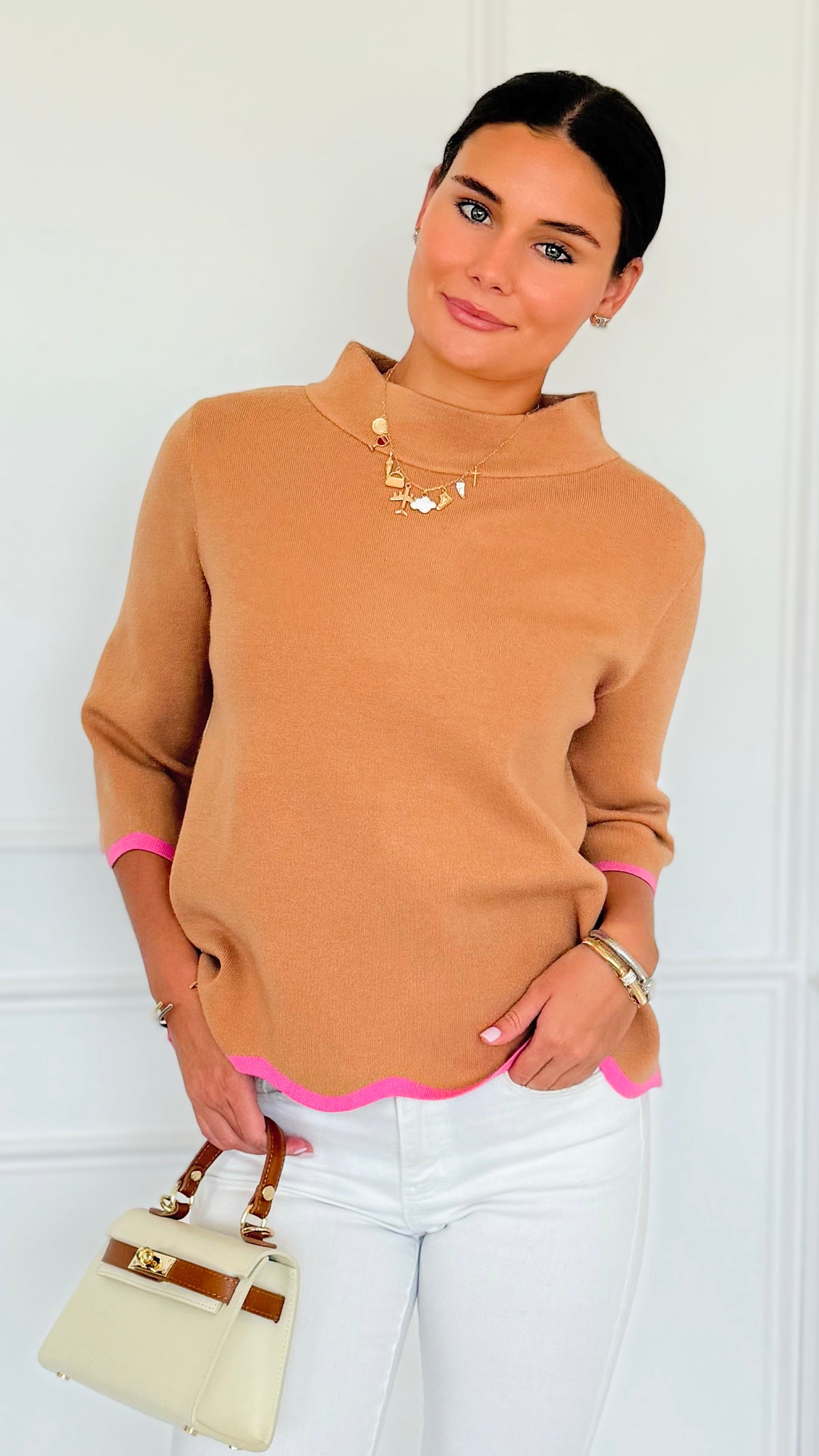 Waves & Whimsy Scallop Sweater - Camel/Pink-140 Sweaters-Fate Inc-Coastal Bloom Boutique, find the trendiest versions of the popular styles and looks Located in Indialantic, FL