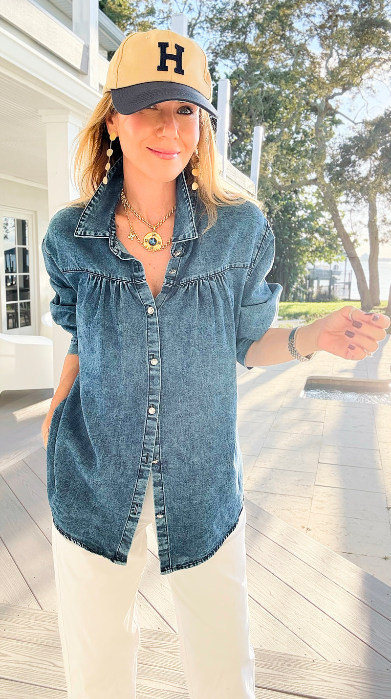 Gathered Detail Acid Wash Denim Blouse-110 Long Sleeve Tops-sew in love-Coastal Bloom Boutique, find the trendiest versions of the popular styles and looks Located in Indialantic, FL