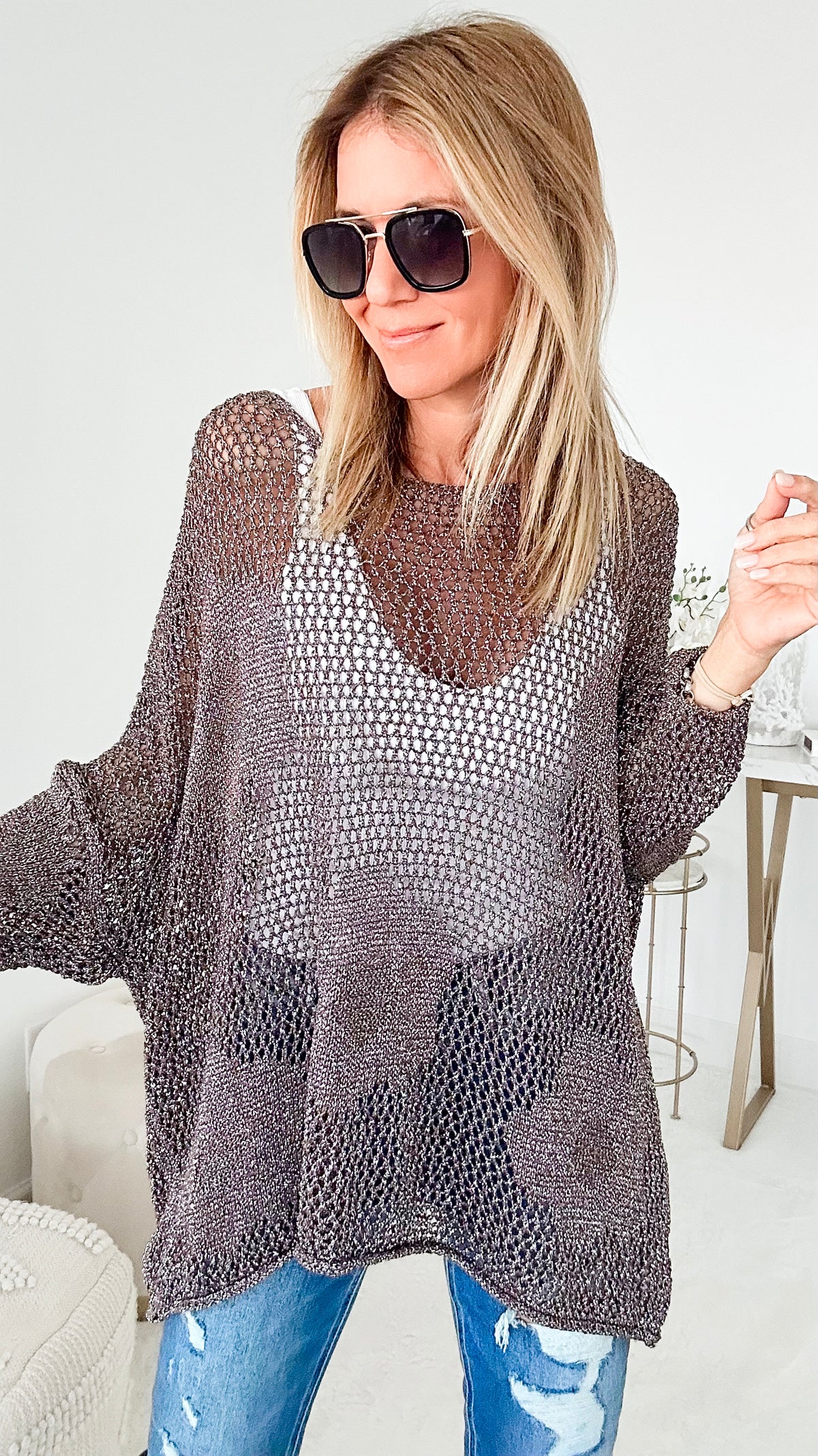 Windflower Italian Metallic Crochet Pullover - Metallic Dark Brown-140 Sweaters-Yolly-Coastal Bloom Boutique, find the trendiest versions of the popular styles and looks Located in Indialantic, FL