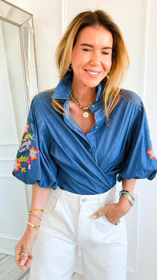 Bloom Stitch Puff Sleeve Italian Button Top