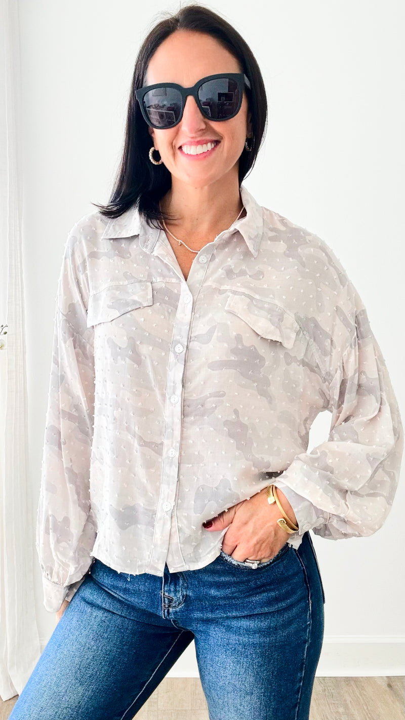 Swiss Dot Camo Blouse-130 Long Sleeve Tops-Rousseau-Coastal Bloom Boutique, find the trendiest versions of the popular styles and looks Located in Indialantic, FL