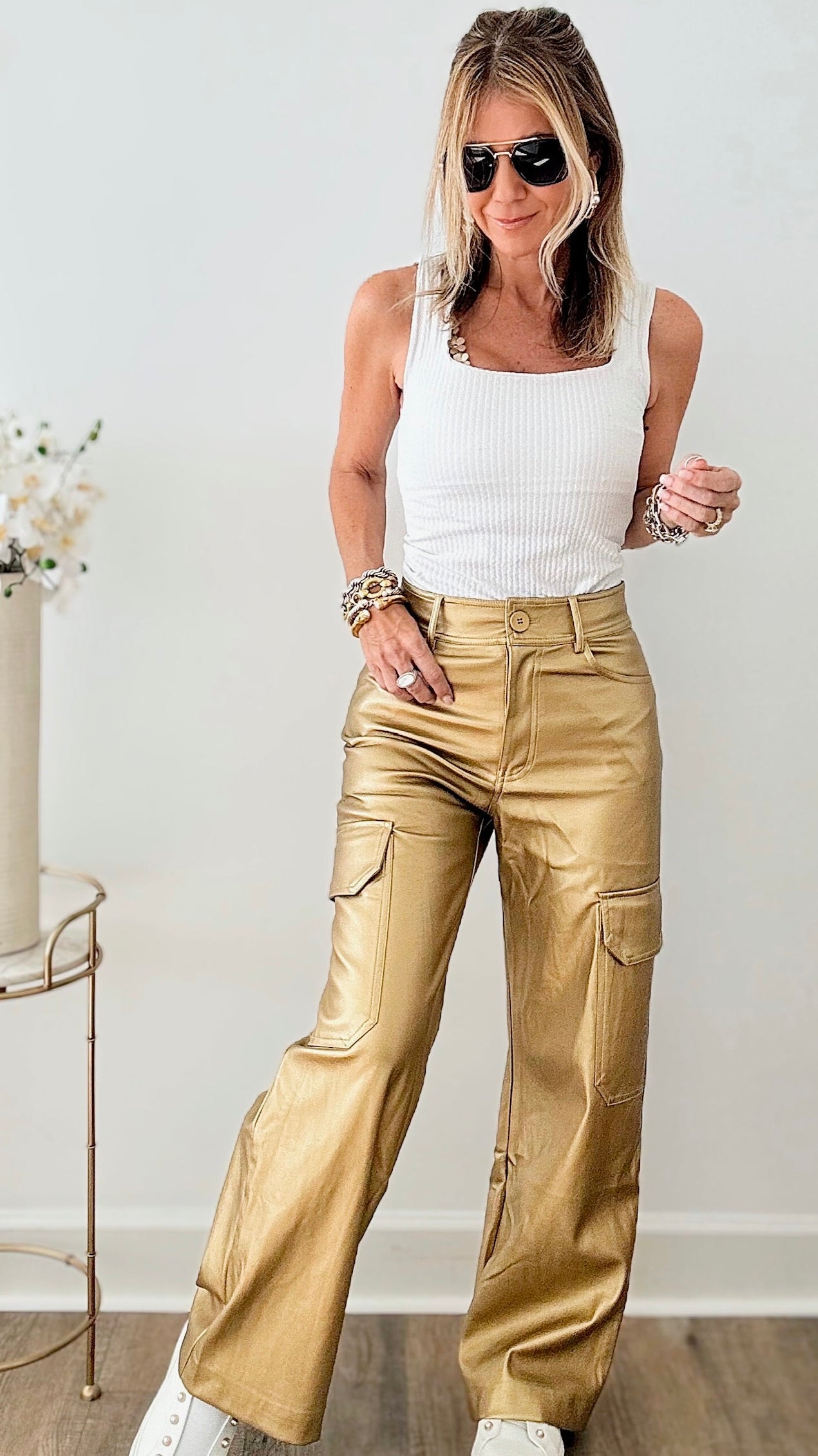 Gold Faux Leather Cargo Pants-170 Bottoms-Fore Collection-Coastal Bloom Boutique, find the trendiest versions of the popular styles and looks Located in Indialantic, FL