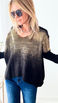 V Neck Gold Foil Sweater - Black-140 Sweaters-moda italia-Coastal Bloom Boutique, find the trendiest versions of the popular styles and looks Located in Indialantic, FL
