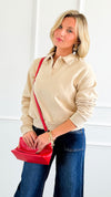 Whispered Grace Polo Top - Beige-130 Long Sleeve Tops-Rosio-Coastal Bloom Boutique, find the trendiest versions of the popular styles and looks Located in Indialantic, FL