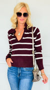Weekend Club Striped Polo Sweater - Burgundy-140 Sweaters-LOVE TREE-Coastal Bloom Boutique, find the trendiest versions of the popular styles and looks Located in Indialantic, FL
