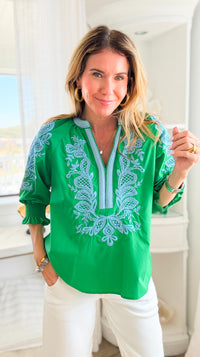 Embroidered Escape V-Neck Top - Green