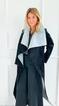 Two-Tone Wrap Belted Coat - Black-160 Jackets-V6-Coastal Bloom Boutique, find the trendiest versions of the popular styles and looks Located in Indialantic, FL