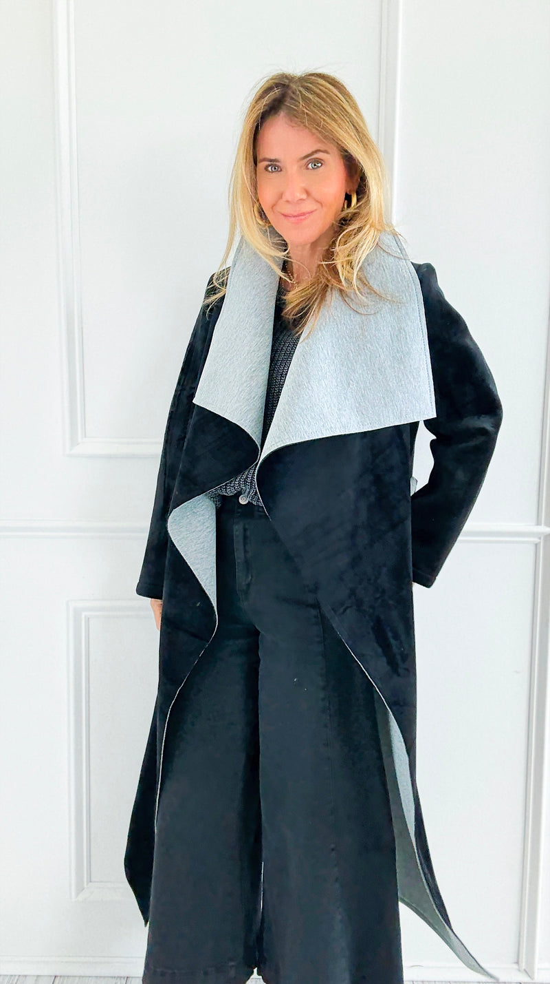 Two-Tone Wrap Belted Coat - Black-160 Jackets-V6-Coastal Bloom Boutique, find the trendiest versions of the popular styles and looks Located in Indialantic, FL