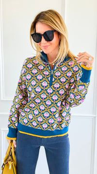 Tri-Bloom Zip Mock Sweater-Peacock Blue Multi-140 Sweaters-&MERCI-Coastal Bloom Boutique, find the trendiest versions of the popular styles and looks Located in Indialantic, FL