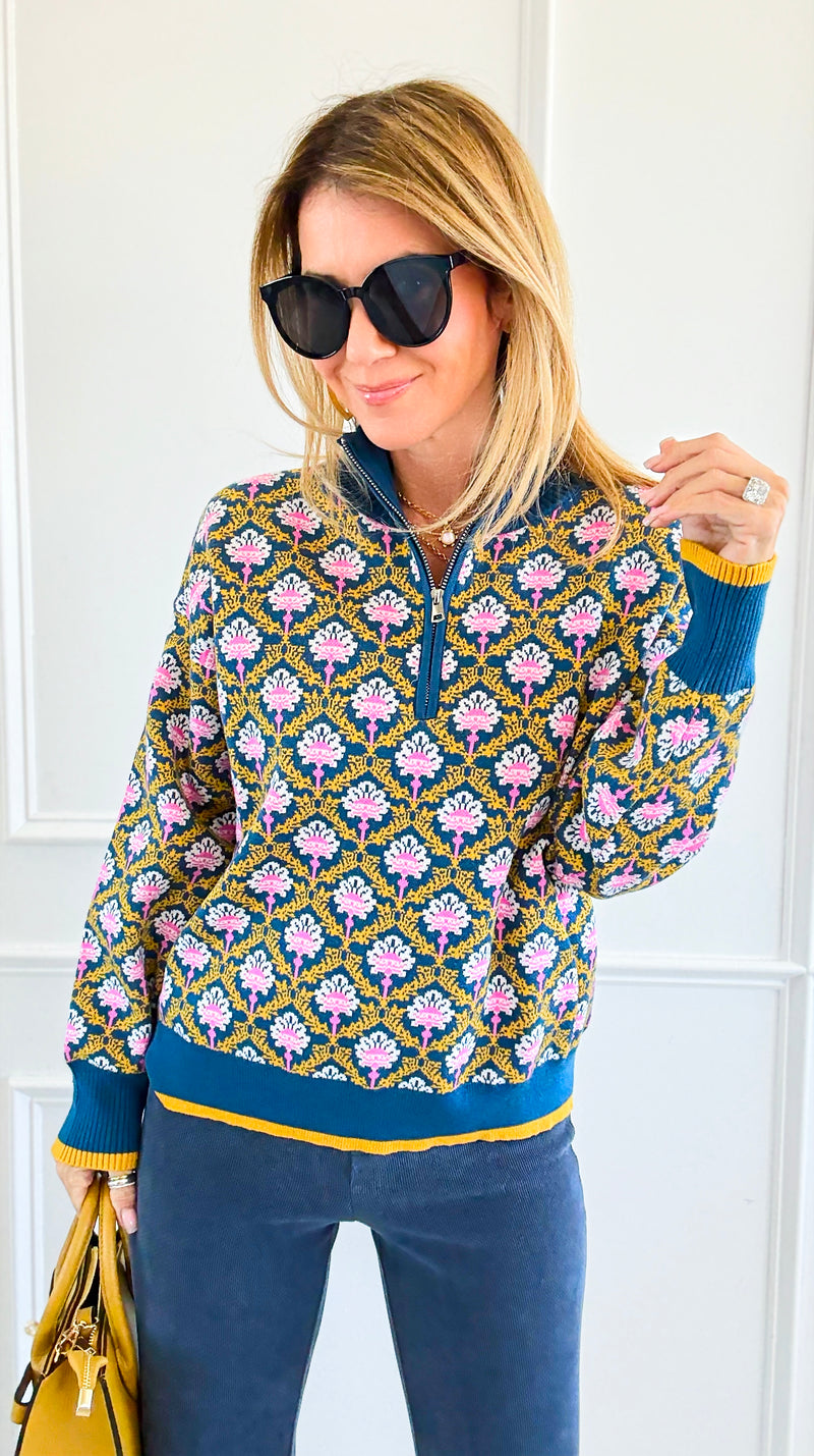 Tri-Bloom Zip Mock Sweater-Peacock Blue Multi-140 Sweaters-&MERCI-Coastal Bloom Boutique, find the trendiest versions of the popular styles and looks Located in Indialantic, FL