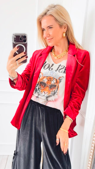 Velvet Ruched Blazer - Red