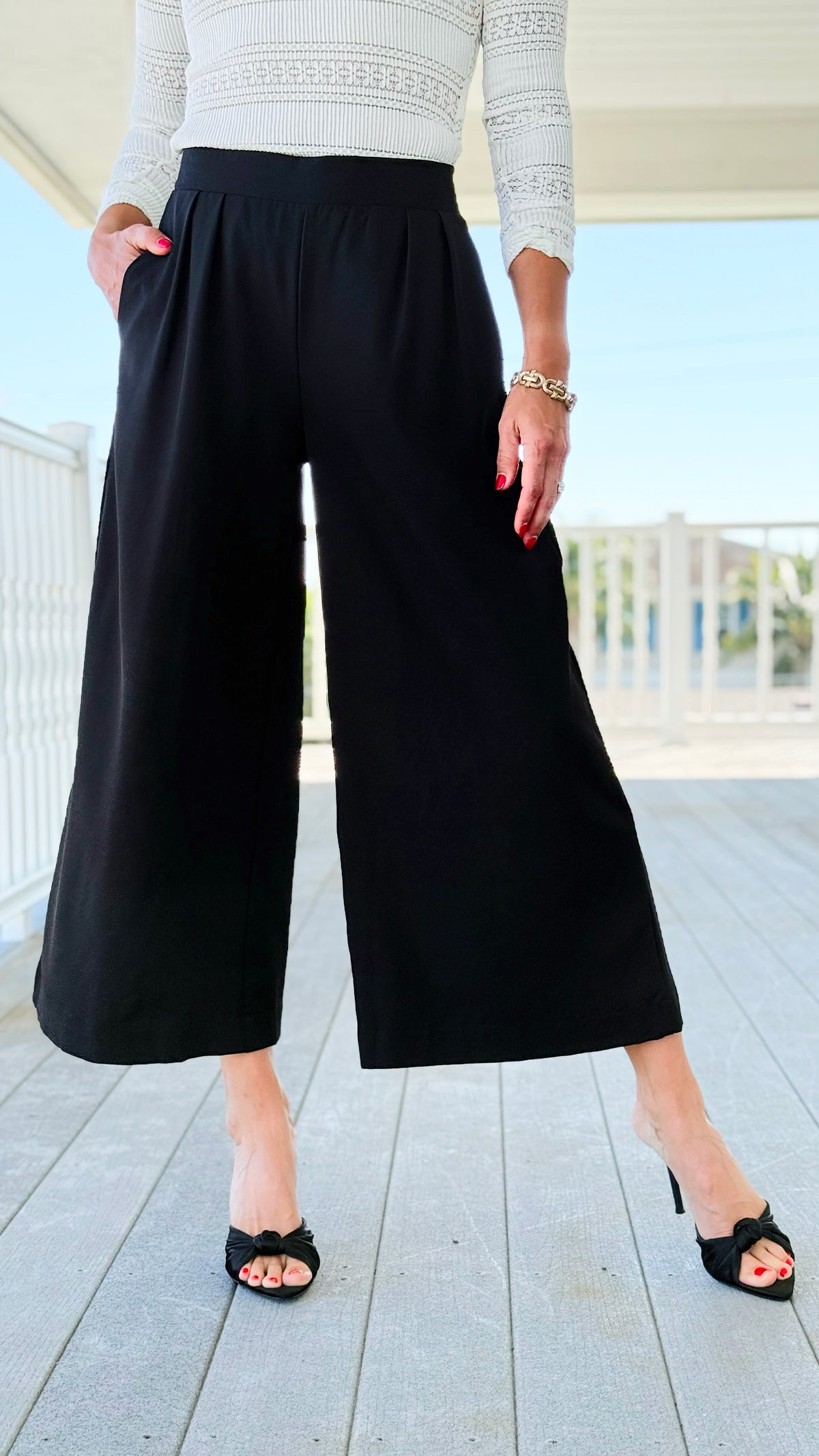 Sleek Pleated Cropped Pants - Black-170 Bottoms-Umgee-Coastal Bloom Boutique, find the trendiest versions of the popular styles and looks Located in Indialantic, FL