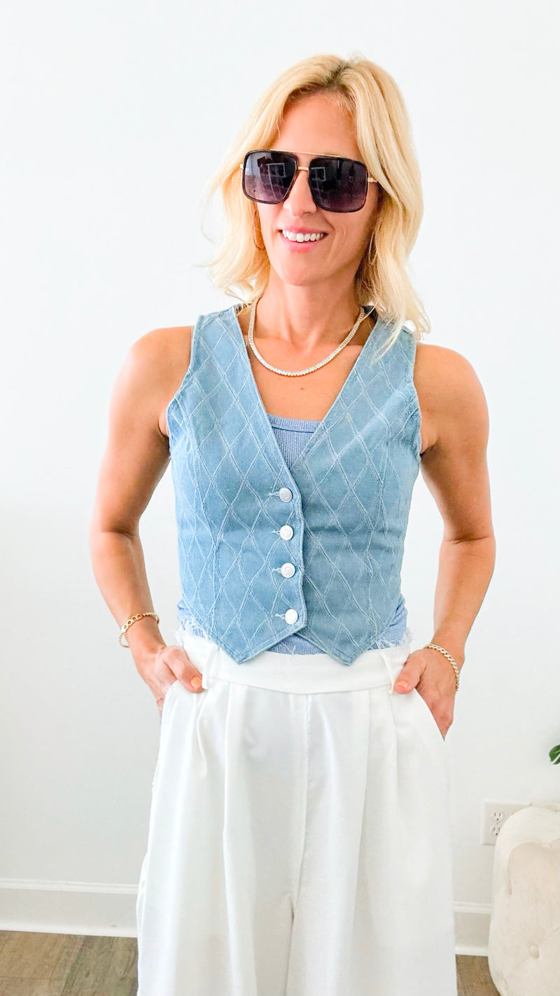 Patterned Denim Vest-100 Sleeveless Tops-Edit By Nine-Coastal Bloom Boutique, find the trendiest versions of the popular styles and looks Located in Indialantic, FL