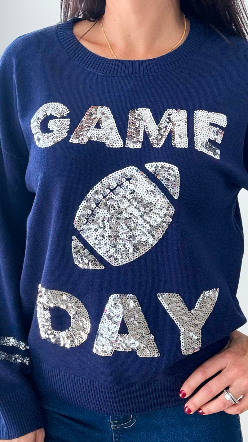 Game Day Sequin Sweater - Navy Silver-140 Sweaters-Why Dress-Coastal Bloom Boutique, find the trendiest versions of the popular styles and looks Located in Indialantic, FL