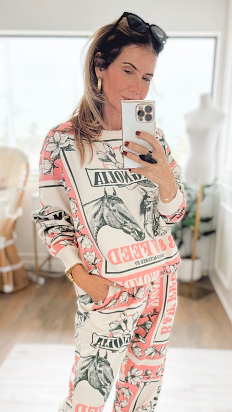 Pink Horse-Block Print Sweatshirt-110 Long Sleeve Tops-L.A SOUL-Coastal Bloom Boutique, find the trendiest versions of the popular styles and looks Located in Indialantic, FL