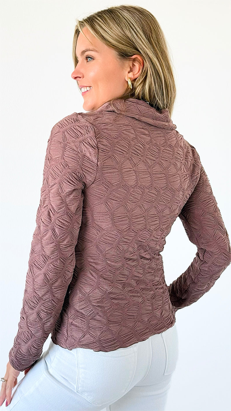 Textured Collared Top - Brown-110 Long Sleeve Tops-Rousseau-Coastal Bloom Boutique, find the trendiest versions of the popular styles and looks Located in Indialantic, FL