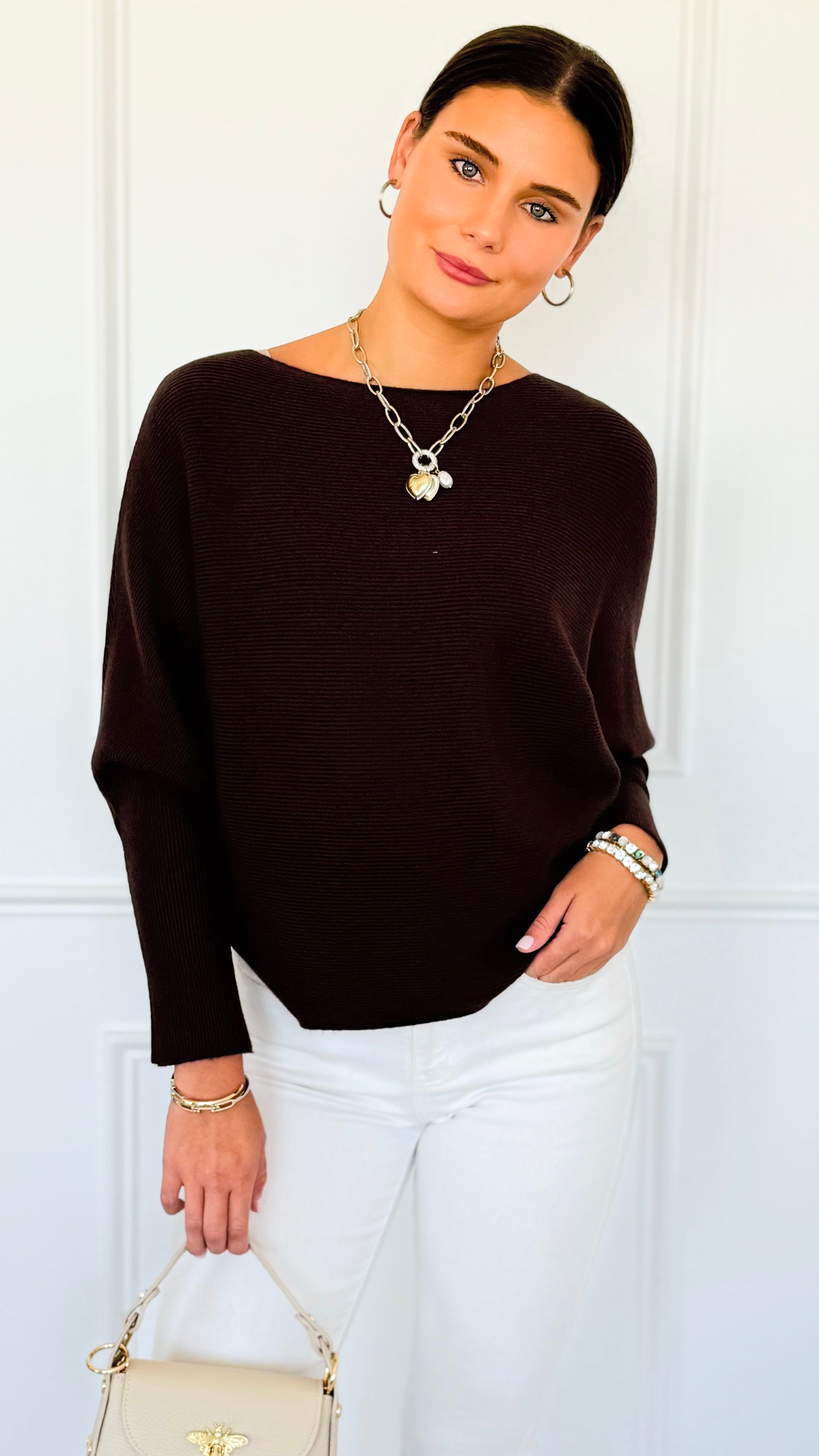Ribbed Italian Pullover- Chocolate-140 Sweaters-Italianissimo-Coastal Bloom Boutique, find the trendiest versions of the popular styles and looks Located in Indialantic, FL