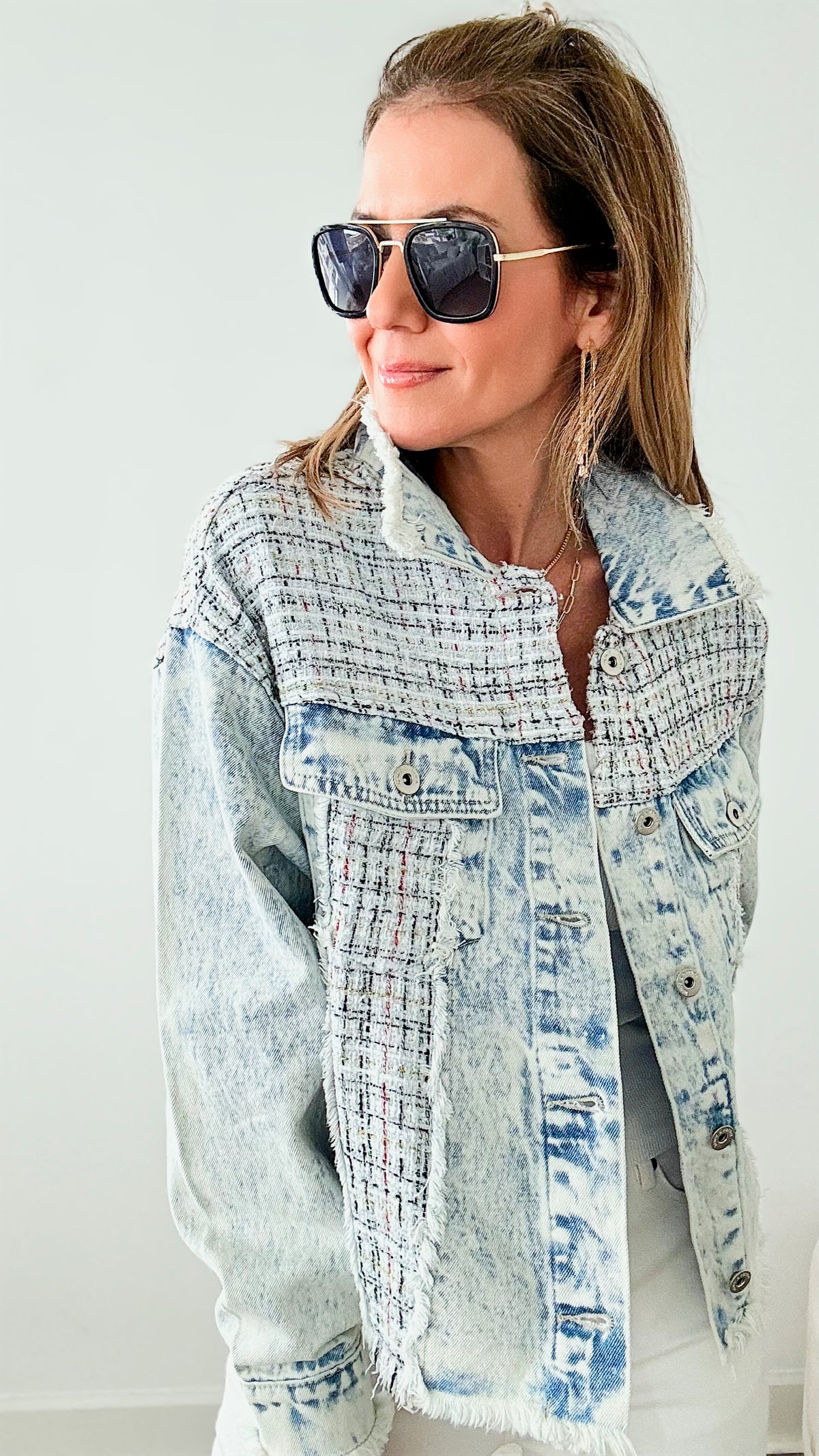 Edgy Tweed & Acid Wash Denim Jacket-160 Jackets-Rousseau-Coastal Bloom Boutique, find the trendiest versions of the popular styles and looks Located in Indialantic, FL