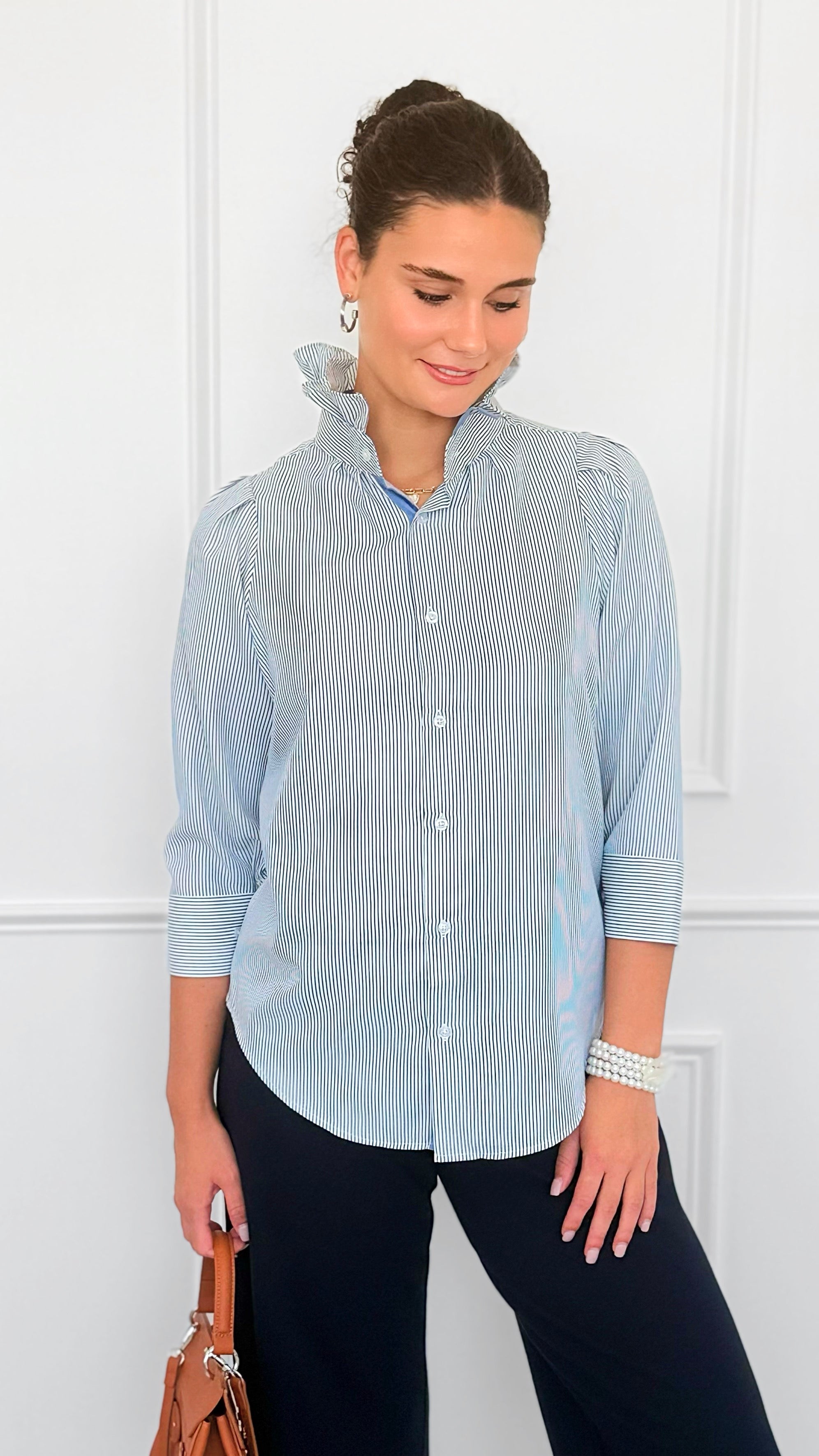 Italian Amelia Amore Di Righe Ruffle Blouse-110 Long Sleeve Tops-Italianissimo-Coastal Bloom Boutique, find the trendiest versions of the popular styles and looks Located in Indialantic, FL