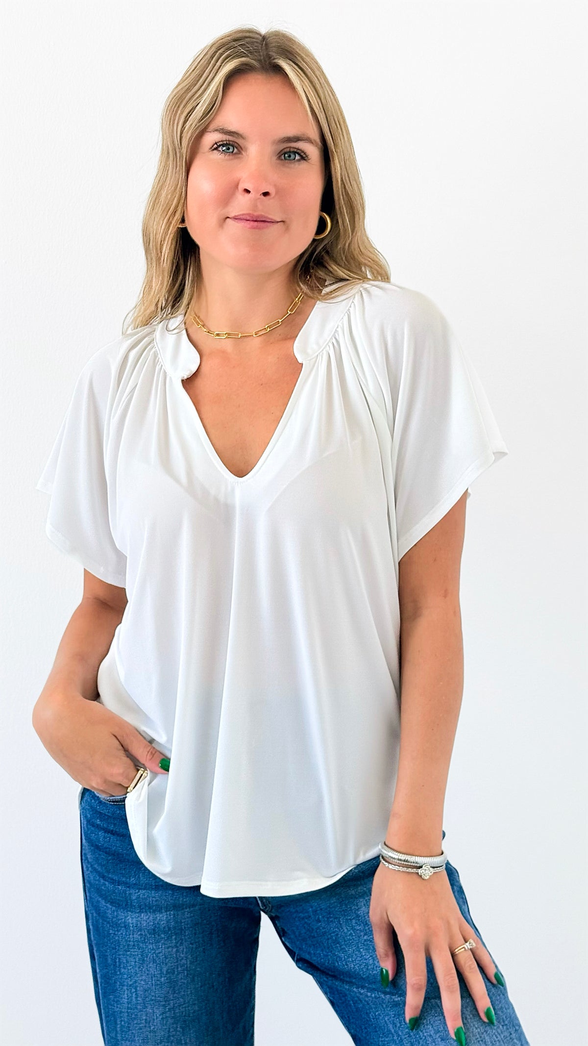 Flutter Away Pleated Top - Ivory-110 Short Sleeve Tops-Ariella-Coastal Bloom Boutique, find the trendiest versions of the popular styles and looks Located in Indialantic, FL