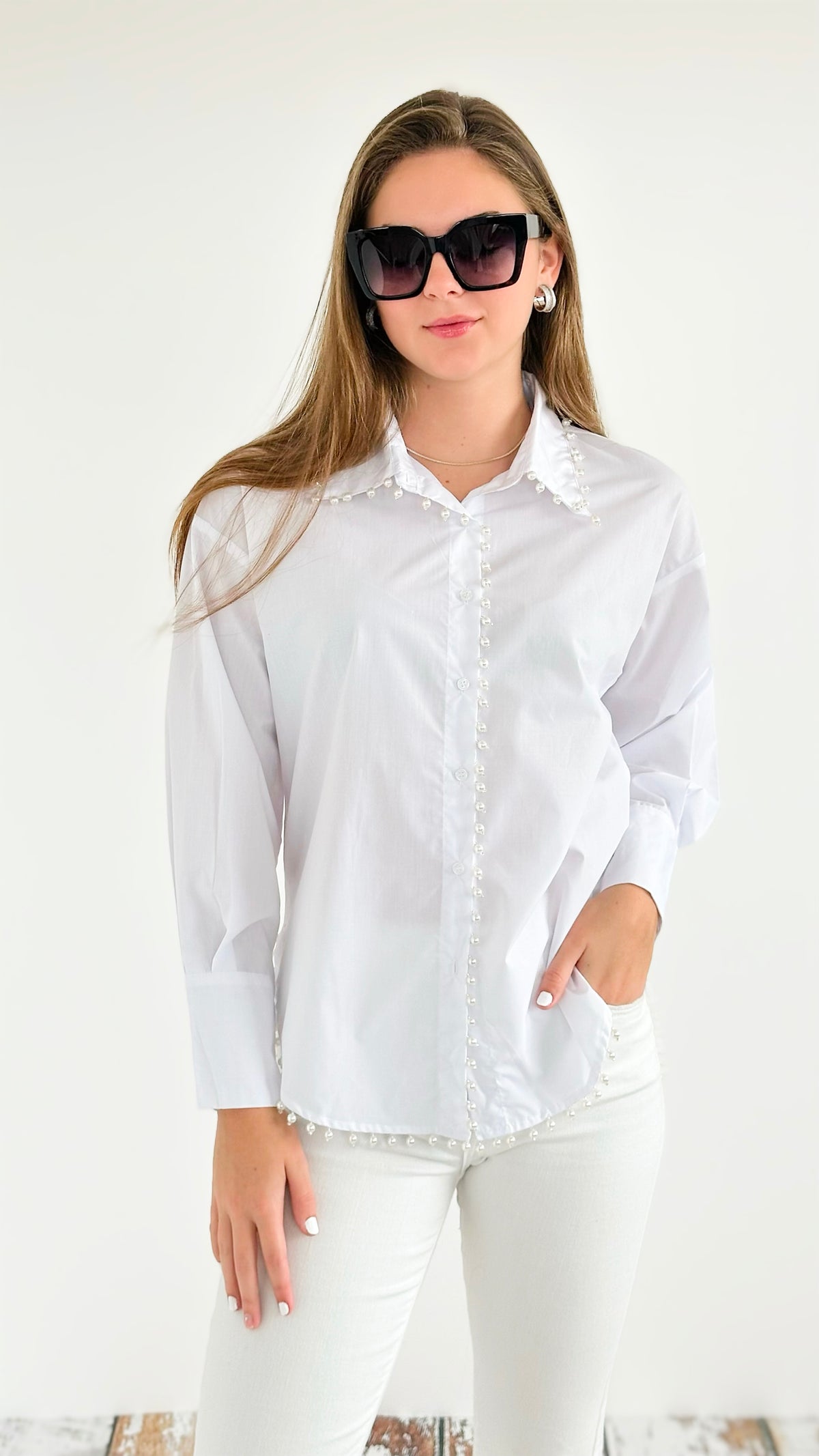 Pearl Edge Poplin Blouse - White-130 Long Sleeve Tops-KIWI-Coastal Bloom Boutique, find the trendiest versions of the popular styles and looks Located in Indialantic, FL