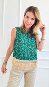 Sleeveless Fringed Detail Print Top-Green-100 Sleeveless Tops-VOY-Coastal Bloom Boutique, find the trendiest versions of the popular styles and looks Located in Indialantic, FL